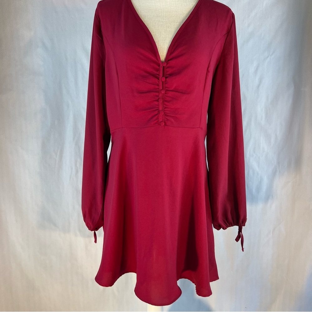 Lulu’s Keep a Secret Wine Red Long Sleeve Lightweight Skater Skirt Dress L👍